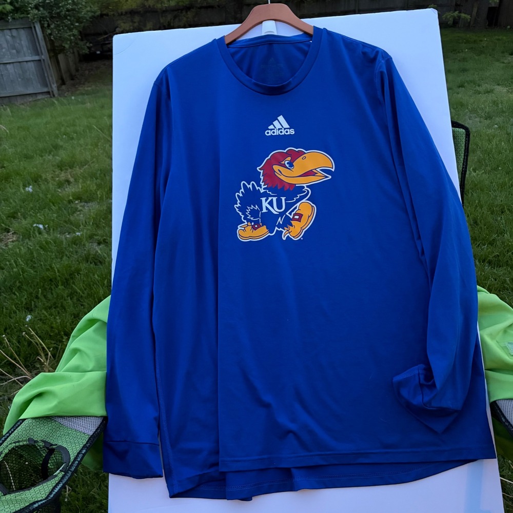 Adidas Kansas Jayhawks KU Long Sleeve Shirt Mens Blue Performance Athletic Tee